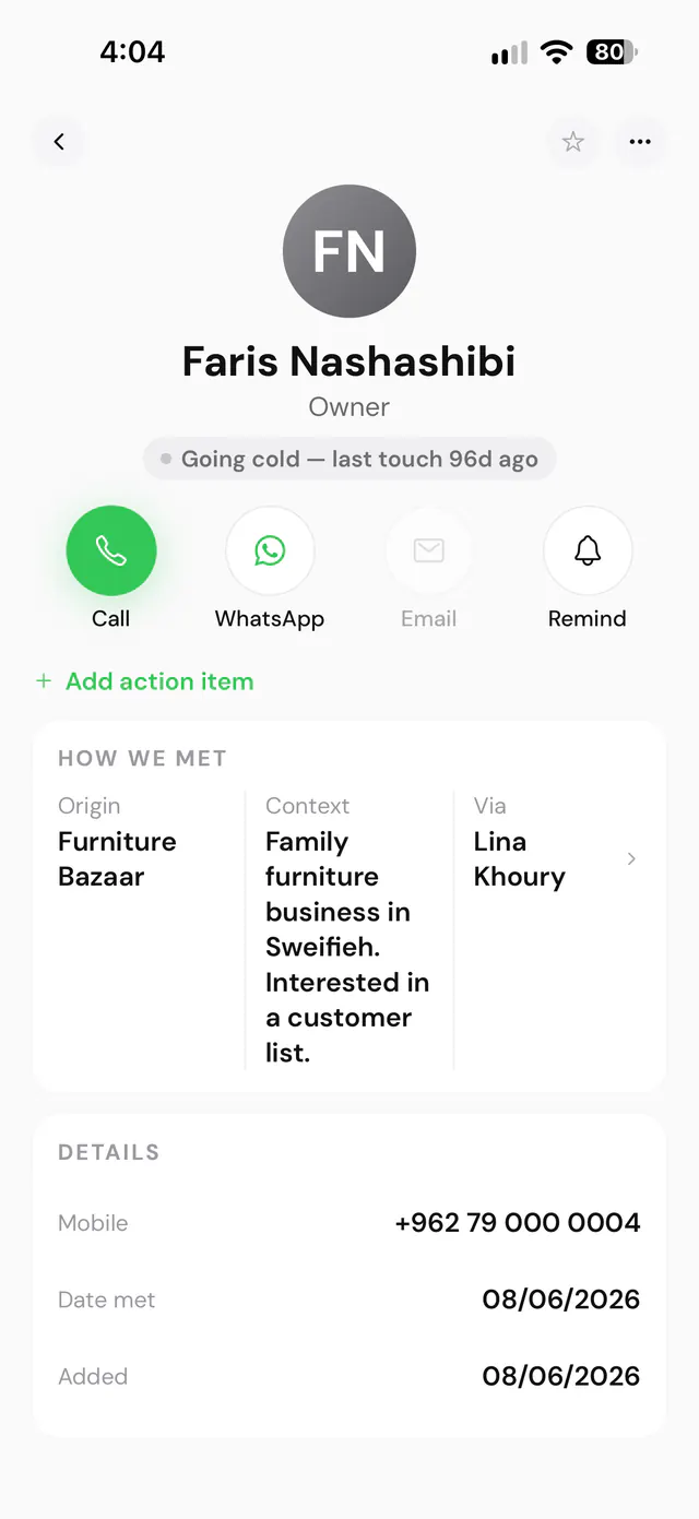 Faris Nashashibi's contact card. How we met: origin Furniture Bazaar, context his family furniture business in Sweifieh, via Lina Khoury.