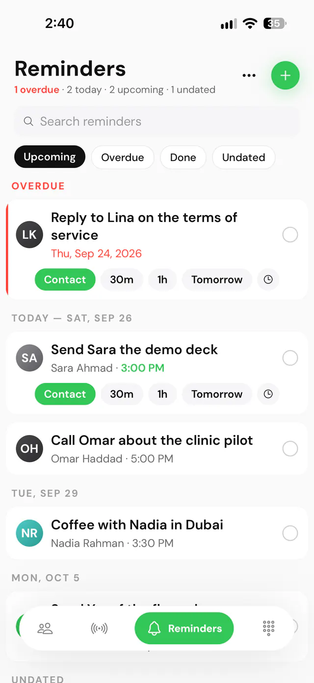 The Reminders screen: an overdue reminder and today's follow-ups, each with Contact, 30m, 1h and Tomorrow buttons.