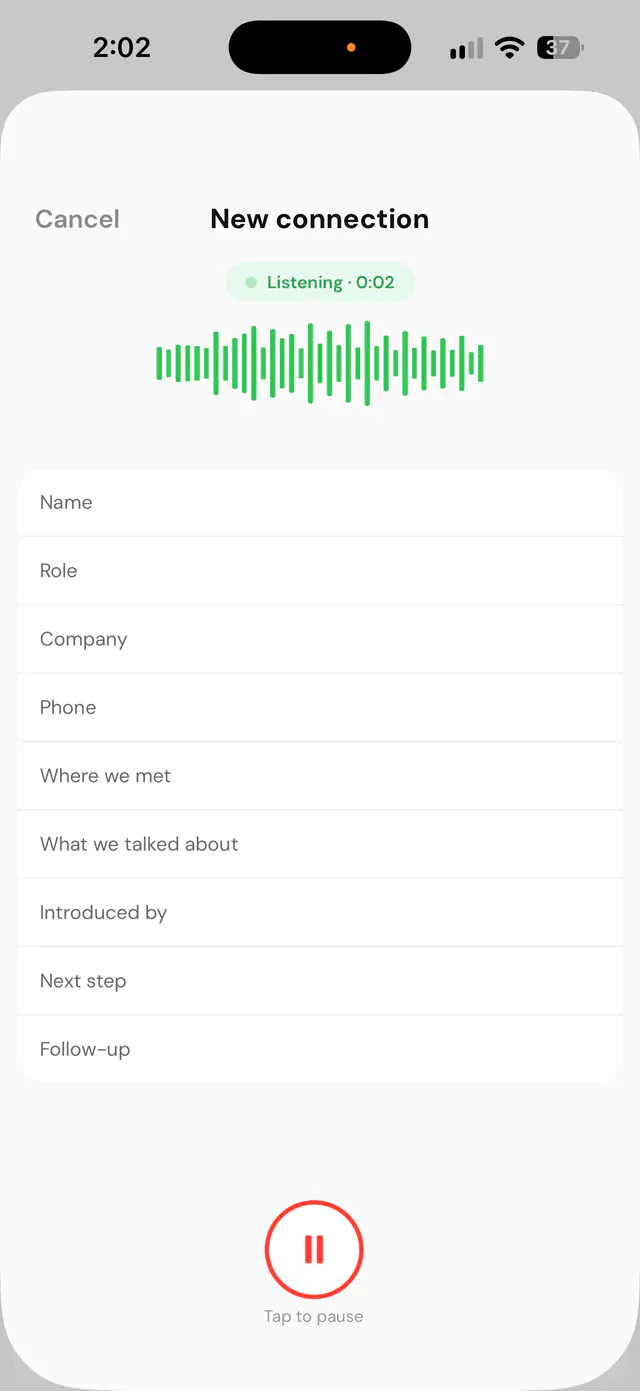 Anom AI listening on the New connection screen, with fields for name, role, company, phone, where we met, what we talked about, introduced by, next step and follow-up.